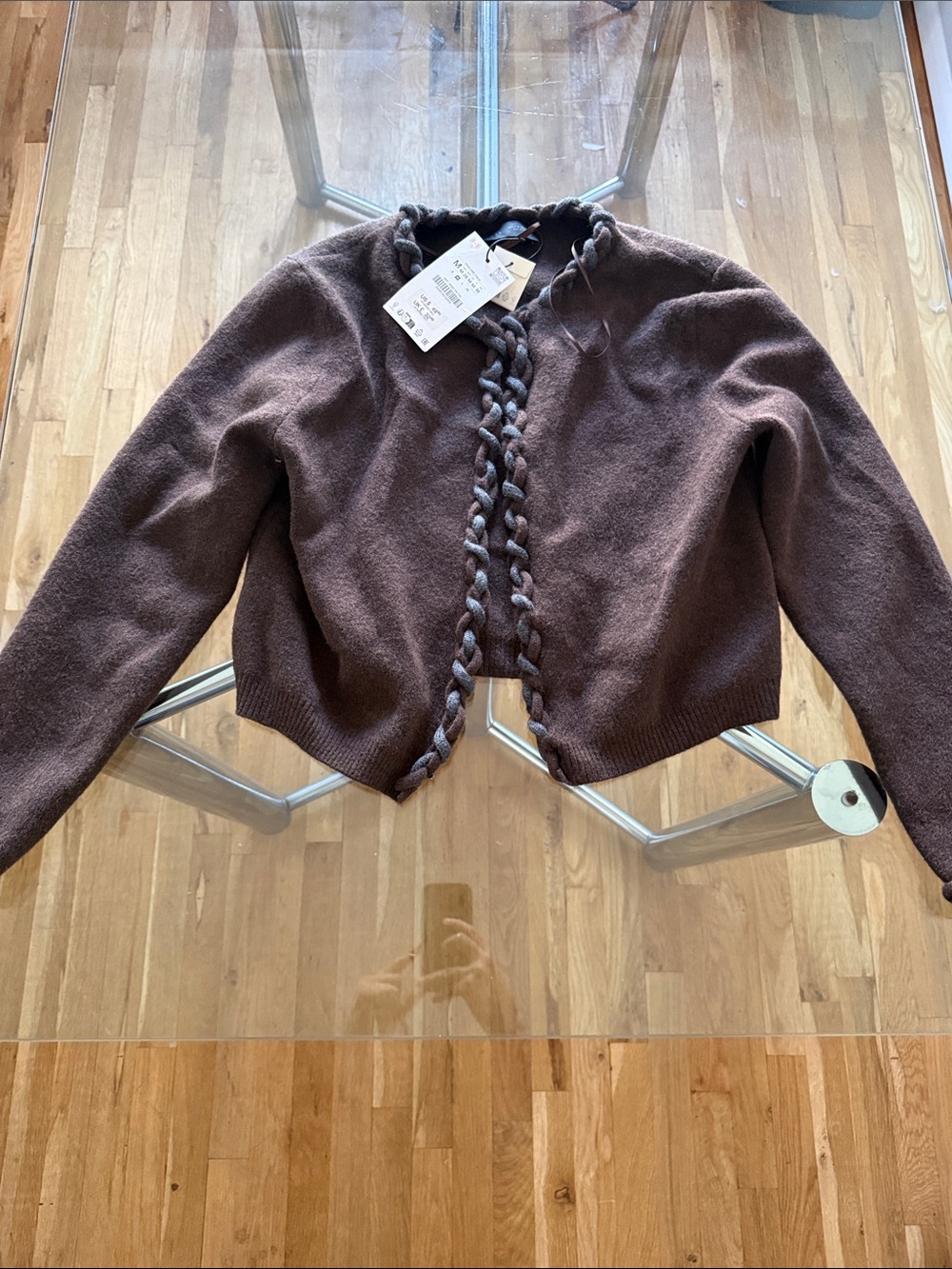 Womens Brown Braided-Trim Cropped Cardigan Jacket